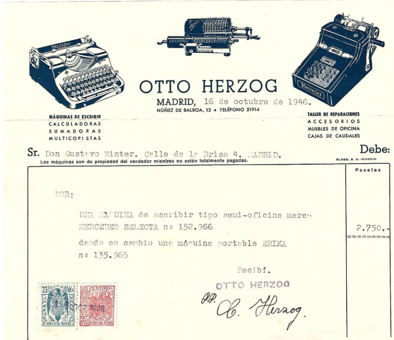 Factura adquisici&oacute;n de una m&aacute;quina de escribir de semi-oficina el 16 de octubre de1946